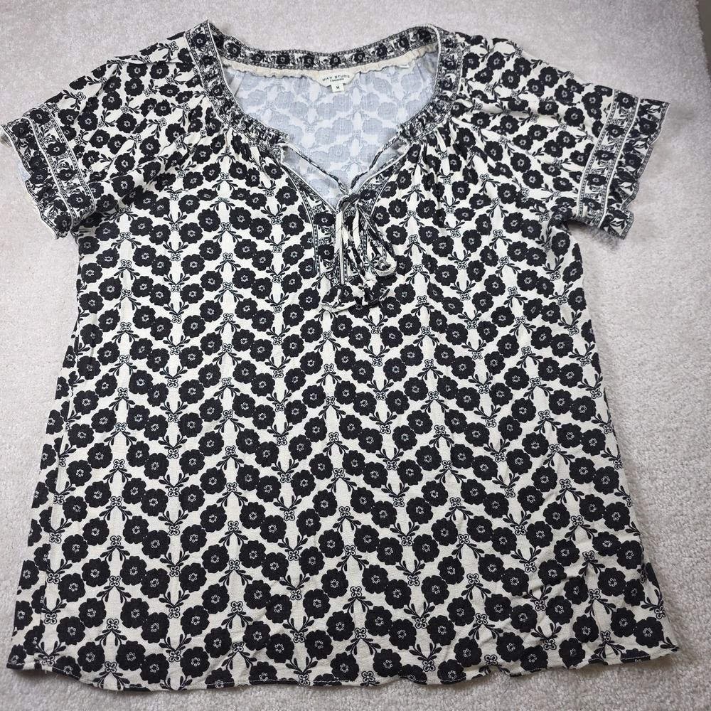 Max Studio London Blouse Top Womens M Ivory Black‎ Floral Boho Vintage